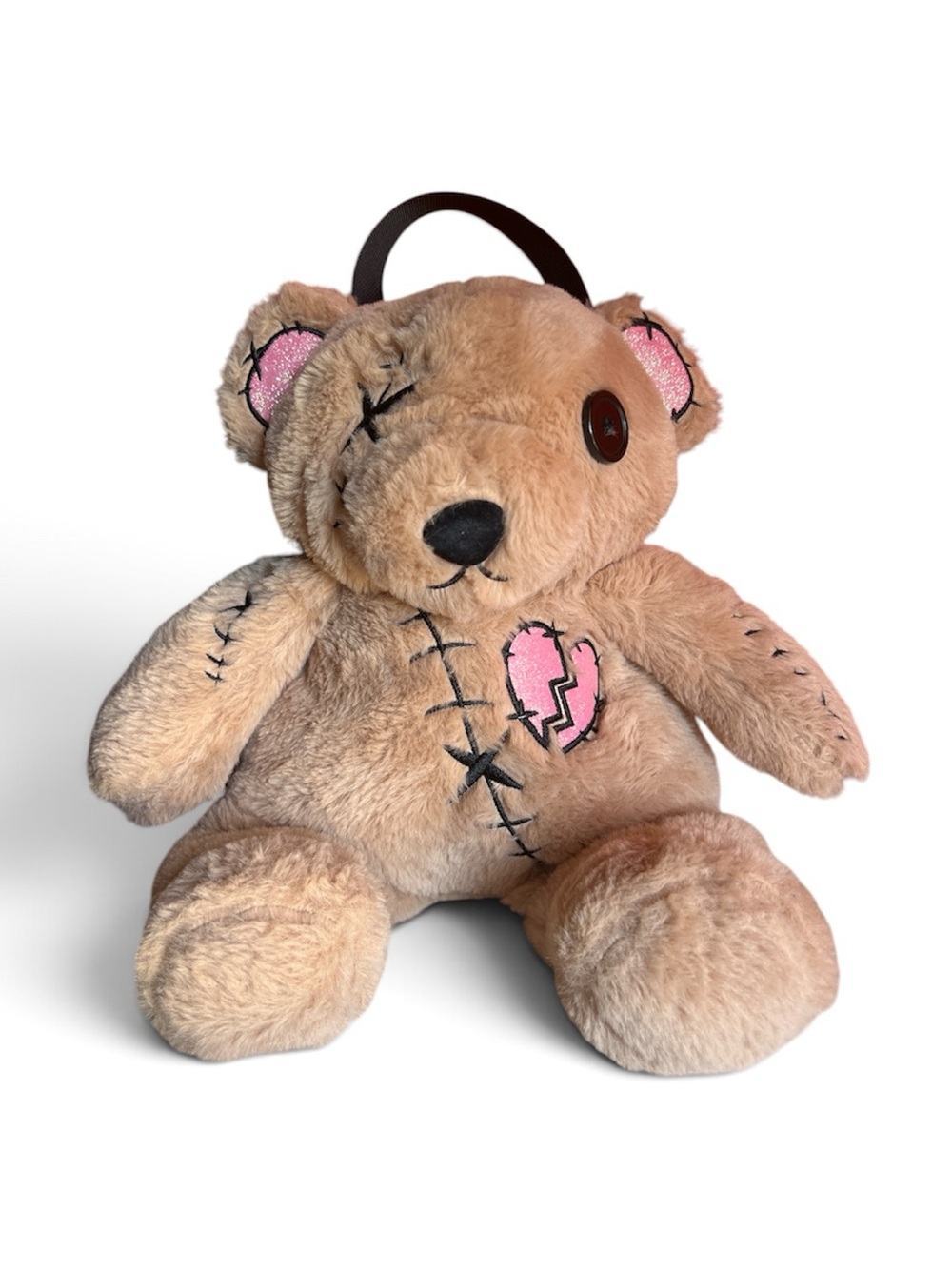 Broken Hearted Zombie Bear Plush Backpack - Beige with Pink Heart